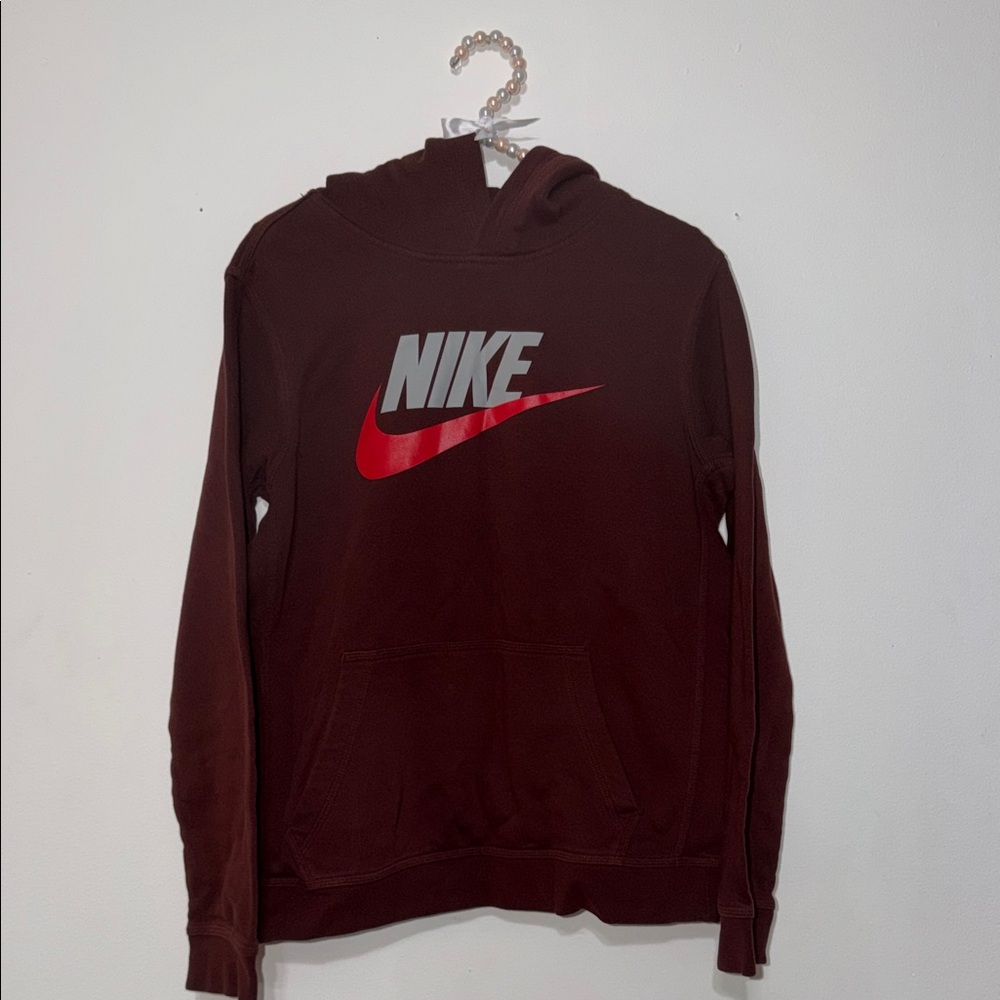 Nike Men's Dark Brown Hoodie with Red Logo